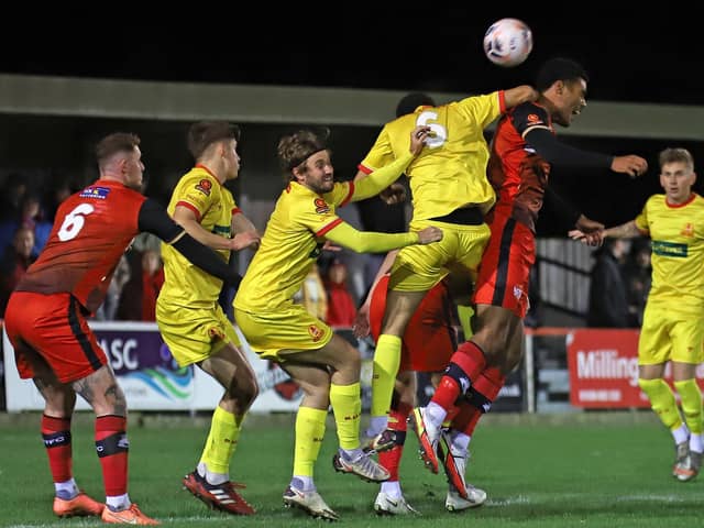 Action from the 0-0 draw between Kettering Town and Banbury United at Latimer Park. Pictures by Peter Short