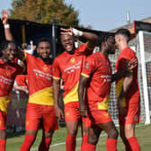 Ken Charles (far left) celebrates with his team-mates after scoring one of his two goals on Saturday (Picture: banburyunitedfc.co.uk)