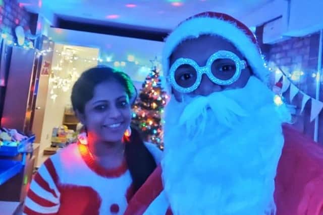 Prabhu and his wife Shilpa in their roles as Mr and Mrs Claus, spreading joy to families in need this Christmas.