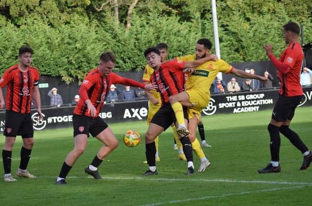 Action from Banbury United's 2-1 defeat at Bracknell Town in the FA Cup last weekend. Picture by Julie Hawkins
