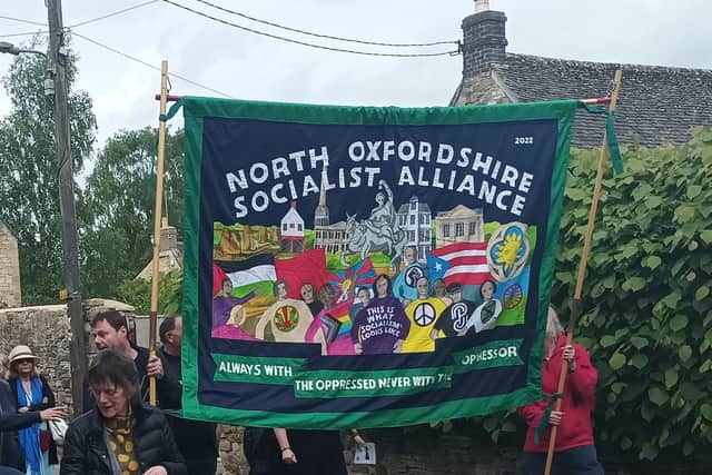 The North Oxon Socialist Alliance banner seen at Levellers Day