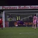 Goalkeeper Jack Harding saved Josh Barrett's penalty during Banbury United's midweek defeat to King's Lynn Town. Picture by Julie Hawkins