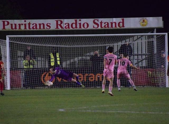 Goalkeeper Jack Harding saved Josh Barrett's penalty during Banbury United's midweek defeat to King's Lynn Town. Picture by Julie Hawkins