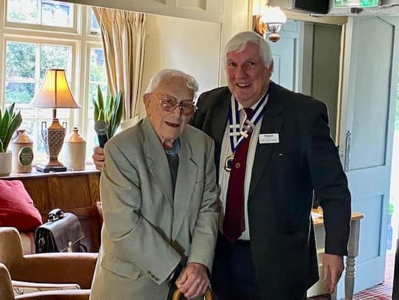 Nevill Turner, left, is pictured with Dr Hugh Gillies as Mr Turner is awarded life membership of the Probus Compton Club, Banbury to mark his 100th birthday