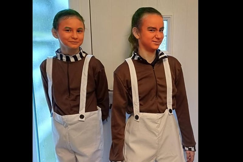 Maisie (9) and Phoebe (11) as Oompa Loompas.