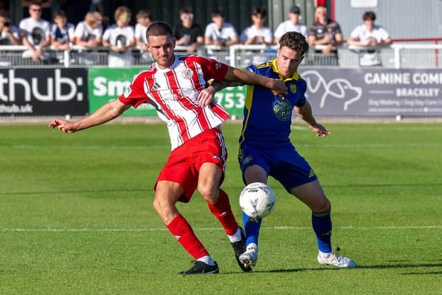 Tommy Fogarty's loan from Tamworth has been extended, keeping him at Brackley Town until November. (Photo credit: Pete Keen)