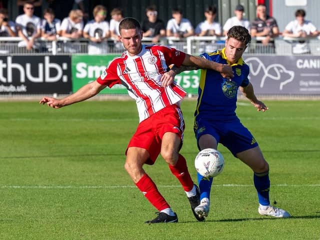 Tommy Fogarty's loan from Tamworth has been extended, keeping him at Brackley Town until November. (Photo credit: Pete Keen)