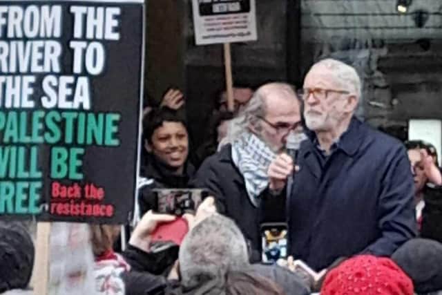 Jeremy Corbyn addresses demonstrators, calling for an immediate ceasefire in Gaza and an end to killing