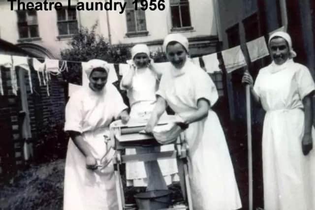 The Horton in-house theatre laundry in operation in 1956
