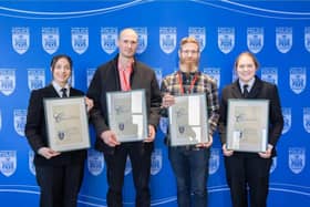 From L to R, PC Alex Ayckbourn, Ivan Dinev, Darren Nicholson, and PC Beth Foster with their commendations from the chief constable.