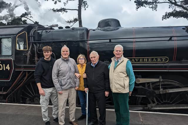 Carl Wright, Derek Bamborough and Alan Nicholls are pictured with helpers Evan and Leafy on the steam trip excursion