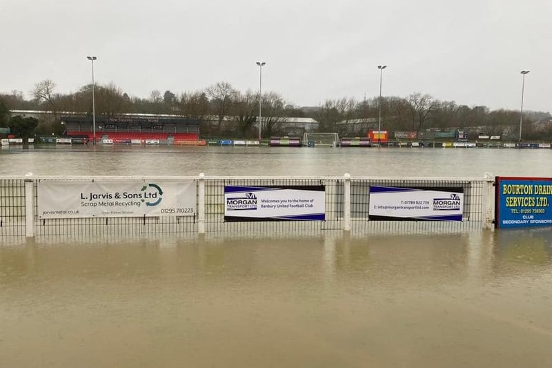Banbury United's Plant Hire Community Stadium completely submerged by water.