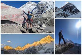 Clockwise from top left: Phil at base camp; Everest at sunrise; Phil near the top of Nangkar Tshang; Sun setting over Everest and Nuptse.