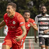 Club legend Glenn Walker had the honour of scoring the winning penalty as Brackley Town made dramatic progress in the National League North play-offs. Picture by Glenn Alcock