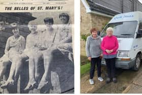 Eileen and Pam (on the left) in 1967 when they were known as the Belles of St Mary's and now with their final van.