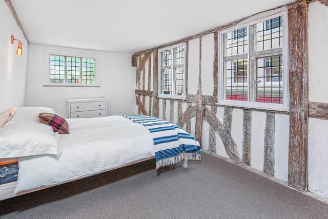 These historic, original beams are now a feature of this bedroom in one of the Tudor Yard apartments