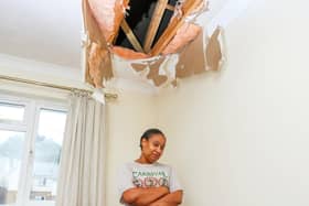 Dr Carla George is pictured showing the damage to the ceiling caused by ice falling from an aircraft through her roof