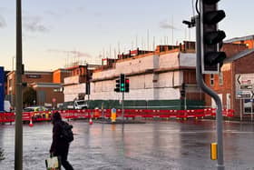 Cherwell Street in Banbury remains closed to traffic one week after a scaffolding collapse that left two workers requiring hospital treatment.(Jim Smith)