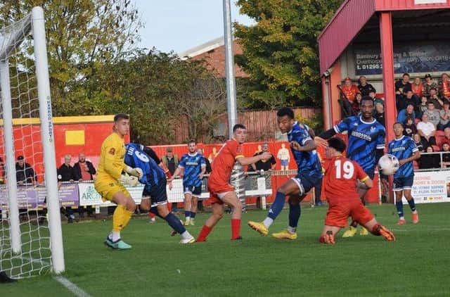 Action from Banbury United's 1-0 home defeat to Kidderminster Harriers. Picture by Julie Hawkins