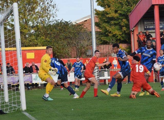 Action from Banbury United's 1-0 home defeat to Kidderminster Harriers. Picture by Julie Hawkins
