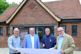 Left to right, inspecting the nearly-finished café, are Neil Wild (of Wild Property), Martin Phillips (chairman of the town council’s general services committee), town clerk Mark Hassall, and Cllr Kieron Mallon (town council leader).