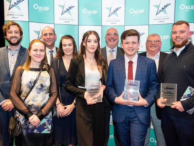 The JDE team and winners at the Oxfordshire Apprenticeship Awards night. Pictured left to right are: Tom Hill, Hannah Webb, Rob Williams, Francesca Warrior, Lauren Hansen, Martin Youngjohns, Ryan Taylor, Keith Fisher and James Osbourne.