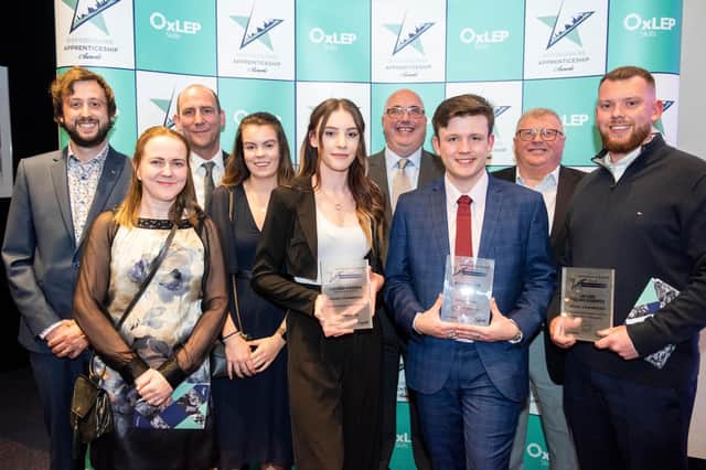The JDE team and winners at the Oxfordshire Apprenticeship Awards night. Pictured left to right are: Tom Hill, Hannah Webb, Rob Williams, Francesca Warrior, Lauren Hansen, Martin Youngjohns, Ryan Taylor, Keith Fisher and James Osbourne.