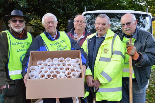 In the picture are members of Banbury Rotary Club with Cllr Phillips (centre) and just some of the 16,000 crocus bulbs.