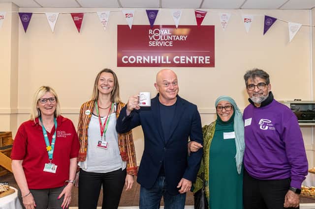 Kate Drummond, companions volunteer at Royal Voluntary Service Cornhill, Molly Newbury, who cycled from the UK to New Zealand to raise funds and awareness for the charity Choose Love, Ross Kemp, Saira Begum Mir and Farooq Mir, from PL84U Al-Suffa, the community kitchen, food and clothing bank. (photo from Royal Voluntary Service)