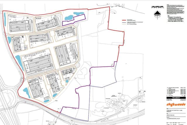 A map showing the area that is the subject of a speculative application for outline planning consent for 160 acres east of the M40 at Banbury