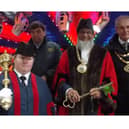Opening the fair. Left to right are the mace bearer, William Wilson, mayor Fiaz Ahmed, Cllr Les Sibley, and town clerk Mark Hassall.