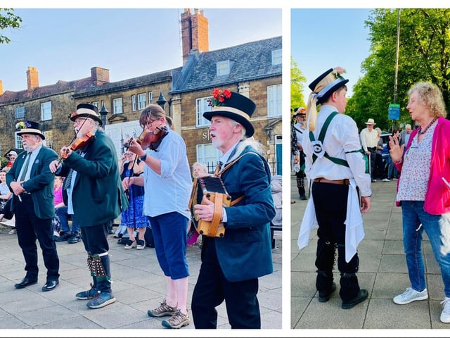 Musician Donald McCombie and his band leading the crowd in singing the 'Ride a Cock Horse to Banbury Cross' nursery rhyme and organiser of the event, Rosy Burke chatting with a young morris dancer.