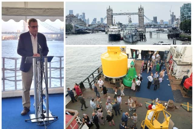 Petrospot Limited invited guests from around the world to enjoy drinks, canapes and a fabulous view of Tower Bridge while onboard the THV Galatea. Pictured left is Llewellyn Bankes-Hughes addressing guests onboard the THV Galatea.