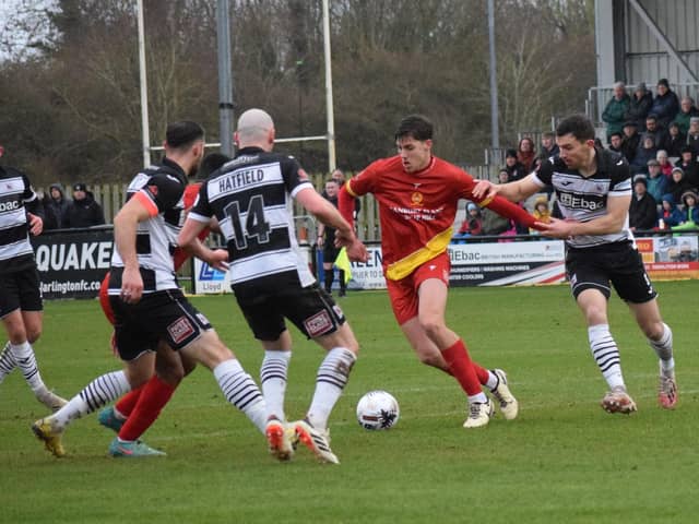 Action from Banbury's defeat at Darlington on Saturday. Photo: BUFC.