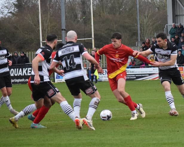 Action from Banbury's defeat at Darlington on Saturday. Photo: BUFC.