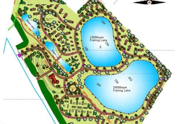 A second plan for the fishing lakes application showing nearly 50 cabins, 23 pods and 120 car parking spaces, concealed within a power point image