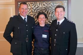 Banbury award recipients: Fire Station Manager Dave Edge (right), with Crew Manager Daniel Evans – having both been awarded their 20 years’ service medals – joined by Phillipa Blair (centre) who was presented with the Chief Fire Officer’s Commendation. (photo from Oxfordshire County Council)