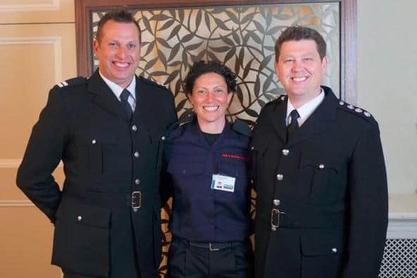 Banbury award recipients: Fire Station Manager Dave Edge (right), with Crew Manager Daniel Evans – having both been awarded their 20 years’ service medals – joined by Phillipa Blair (centre) who was presented with the Chief Fire Officer’s Commendation. (photo from Oxfordshire County Council)