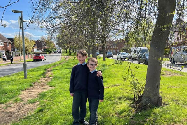 Caleb and Dylan Thompson on Orchard Way, the area they would love to be sown with wildflower seeds
