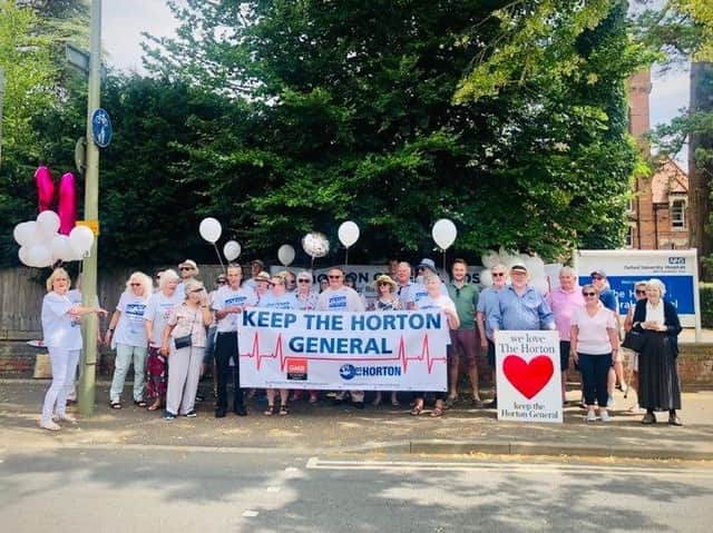 Campaigners from Keep the Horton General are joined by other Horton supporters at a gathering to mark the hospital's 150th anniversary. Picture by Ian Gentles