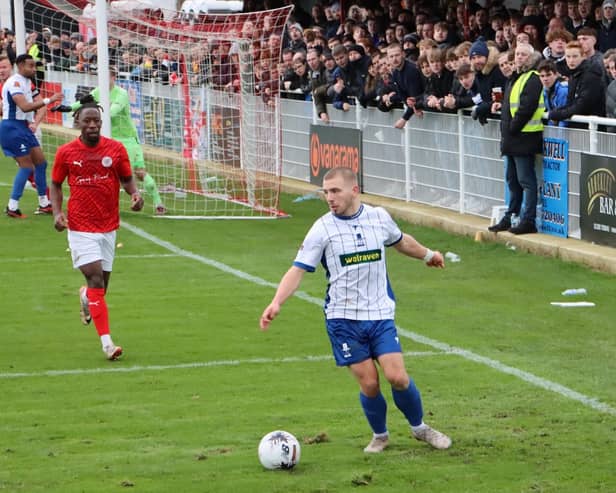Goalscorer Aidan Elliott-Wheeler in action at Brackley on Saturday. Photo: BUFC.