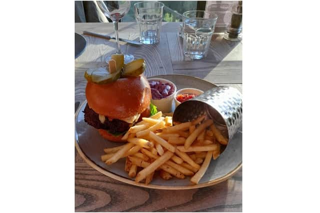 The delicious Castle Burger off the Evening Menu from The Castle at Edgehill restaurant and pub