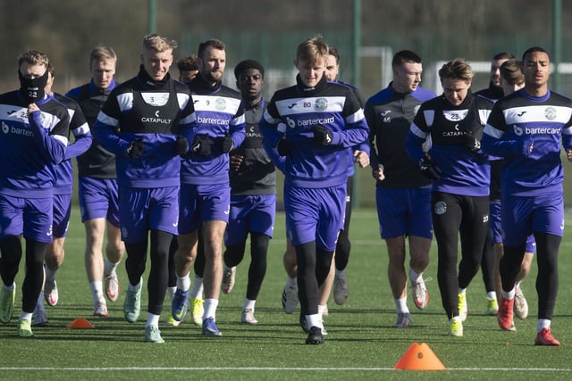 The Hibs players training ahead of the trip to Dens Park