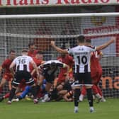 Goalmouth action from Banbury United's 3-0 defeat to Spennymoor Town on the opening day of the season. Picture by Julie Hawkins
