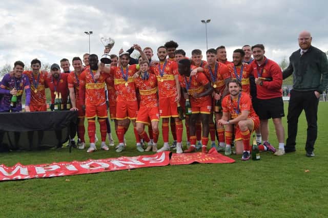 Banbury United celebrate at their trophy and medal presentation following their victory over Alvechurch on Easter Monday Picture by Julie Hawkins