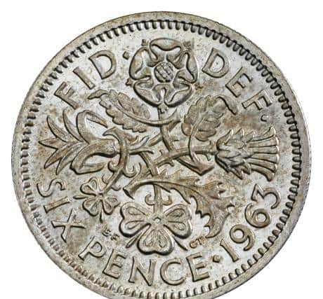 A sixpence (two and a half pence) from the 1960s. It was known as a 'tanner'