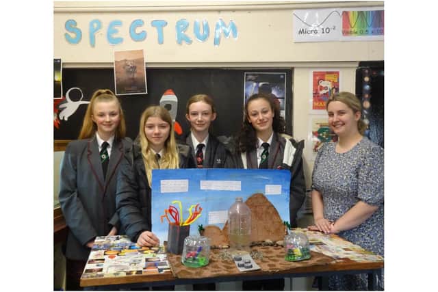 The highly commended winner for a space project competition at Wykham Park Academy in Banbury. Pictured: Phoebe Gold, Phoebe South, Gabby Walters and Rosa Camilleri - pictured with physics teacher Georgia Pomfrett. (photo from the school)