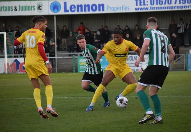 Action from Saturday's game between Blyth Spartans and Banbury, which ended in a 2-2 draw. Photo: BUFC.