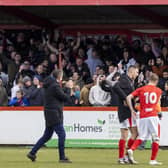 Kevin Wilkin applauds the Brackley Town supporters following the crucial win over Gateshead last weekend. Pictures by Glenn Alcock