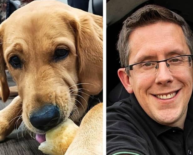 Guide Dogs trainee pup Ralph and Mike Gambrill of Ovenu Bicester and Banbury